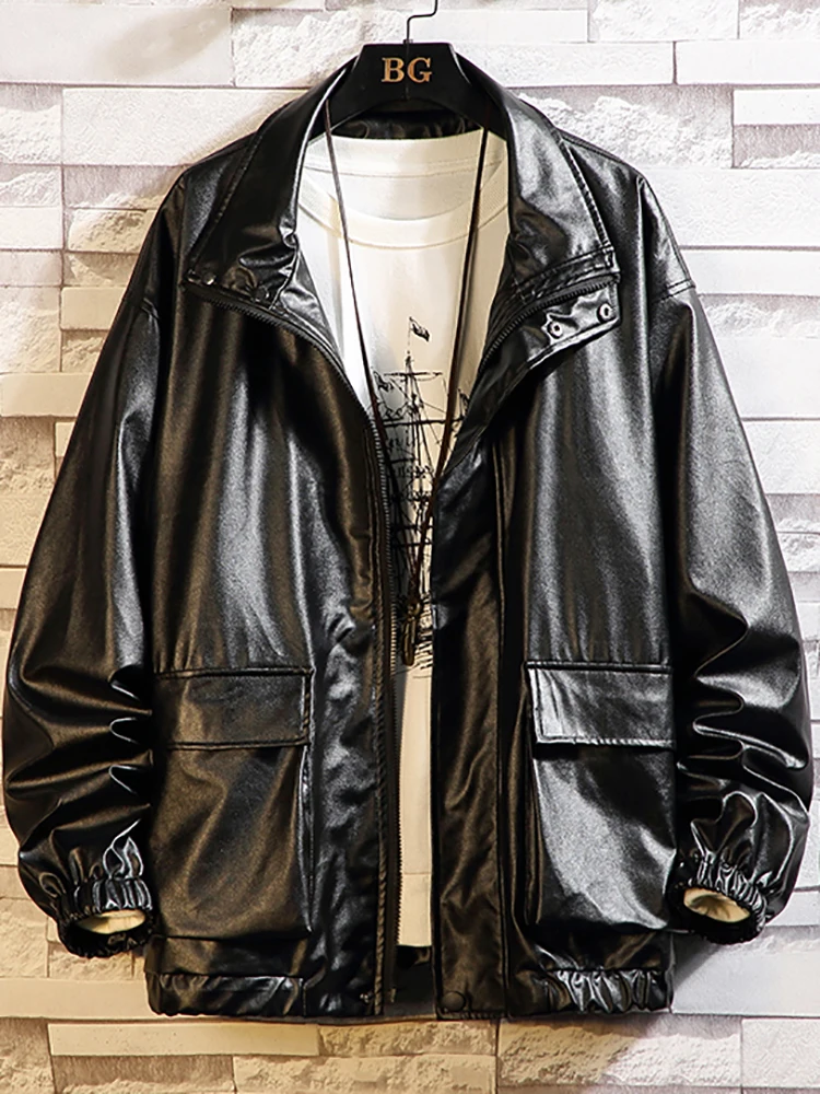 

M-5XL Men's Motorcycle Leather Jacket PU Fashion Oversized Loose Hip Hop Men's Faux Leather Jacket Faux Leather Coat