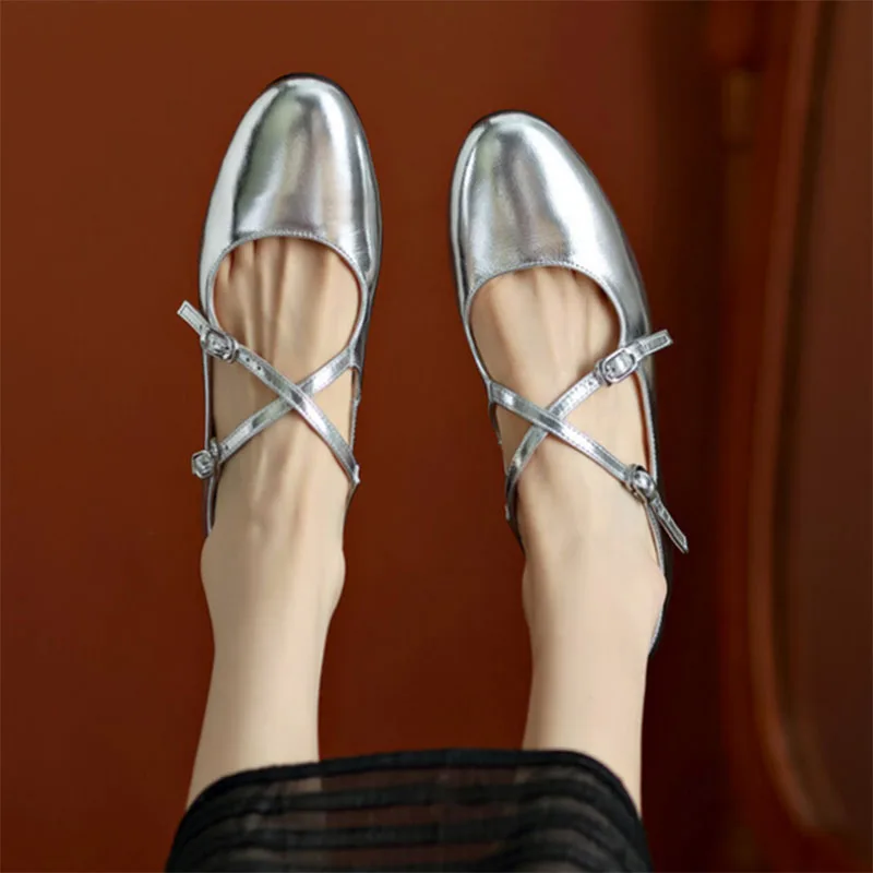 

New Women's Ballet Flats Sliver Cross-tied Flats for Woman Double Buckle Shallow Shoes White Vintage Zapatos Mujer Spring 1195N