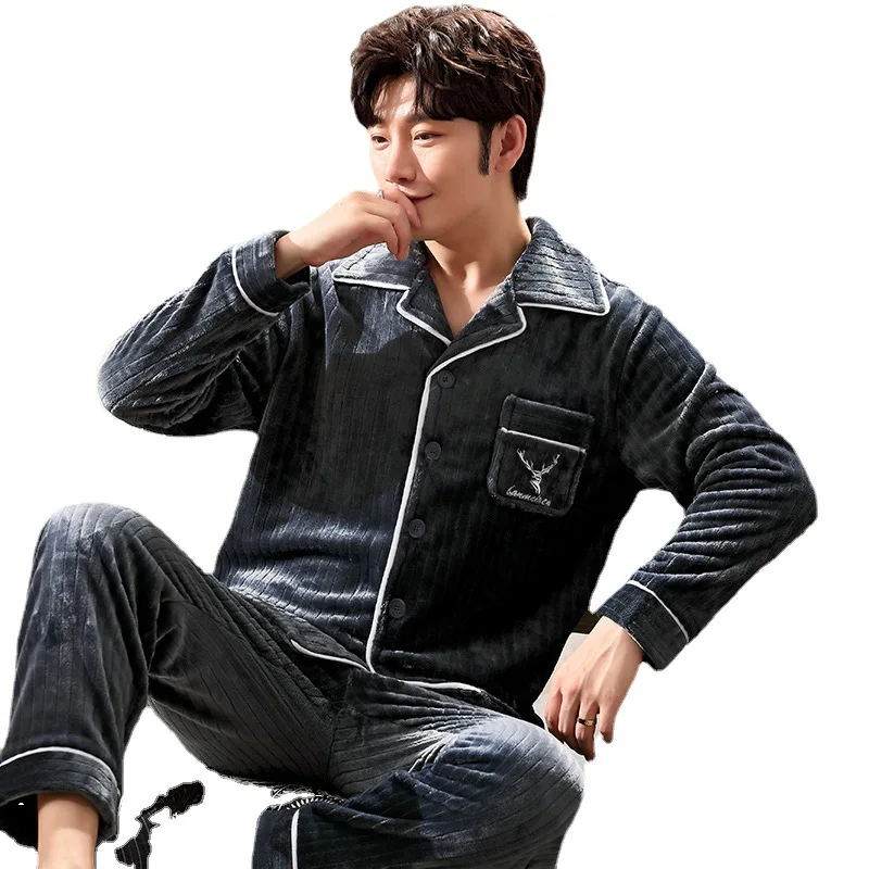 Autumn And Winter Men's Pajamas Set Thickened Coral Fleece Cardigan Home Clothes Warm Flannel Pajamas Set