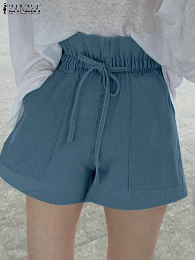 

2022 Summer Vintage Solid Trousers Women Denim Blue Shorts ZANZEA Oversize Wide Leg Palazzo Casual Short Pant High Waist Bottoms