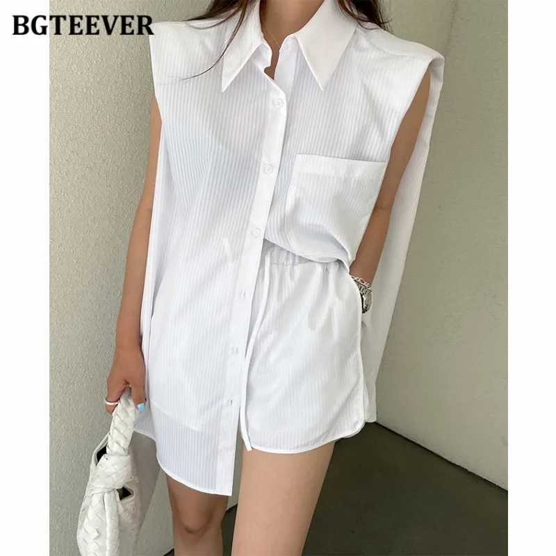 

BGTEEVER Summer Shorts Set Women 2 Pieces Stripe Set Casual Single-breasted Sleeveless Shirts & Drawstring Shorts Outfits Female
