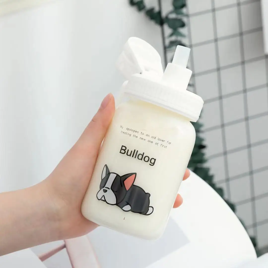 

Pet Dog Straw Cup Simple Cartoon Animal Glass Water Bottle with Cover Straw Small Fresh Portable Transparent Outdoor Milk Cup