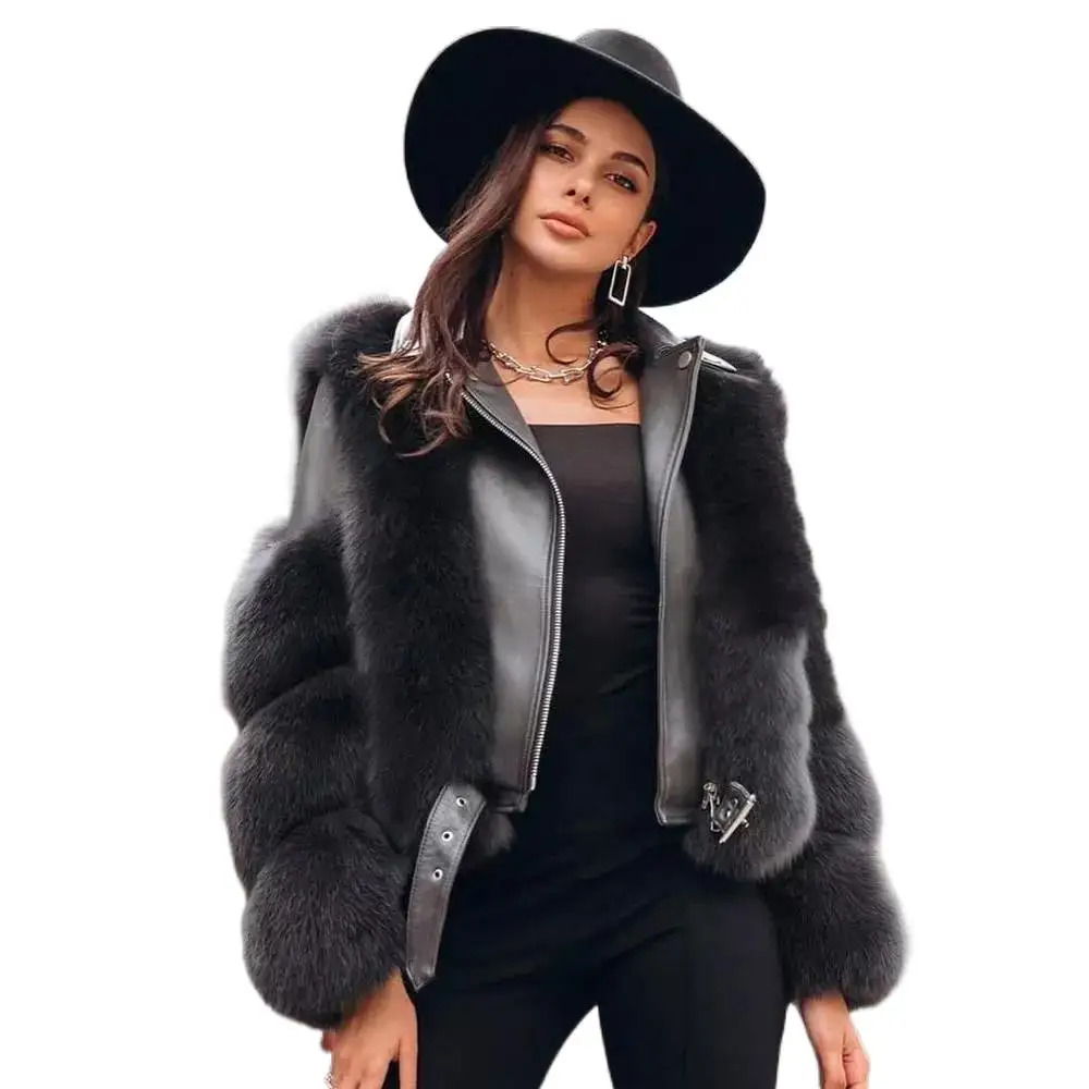 Female Winter Natural Fox Fur Coat Women Real Fur Jacket With Real Leather Sheep Leather Fox Fur Overcoat Luxury Warm Outerwear