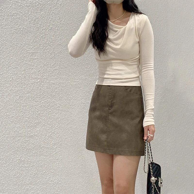 Женская Однотонная футболка с длинным рукавом простая эластичная Приталенная