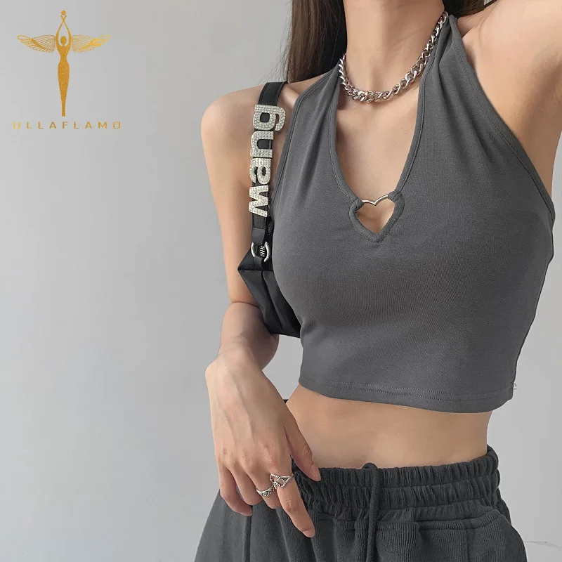 

Hanging Neck Sling Ladies V-Neck Top Metal Heart Decoration High Waist Short Small Vest Japanese Solid Color Slim Fit Y2K Hot