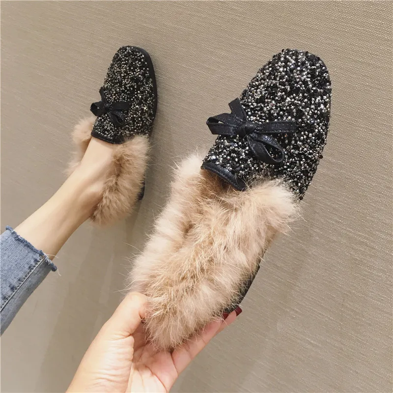 Woman Silver/pink Glitter Fluffy Flats Crystal Bowtie Moccasins Female Fur Loafers 41 Big Size Rabbit Fur Winter Flat Shoes