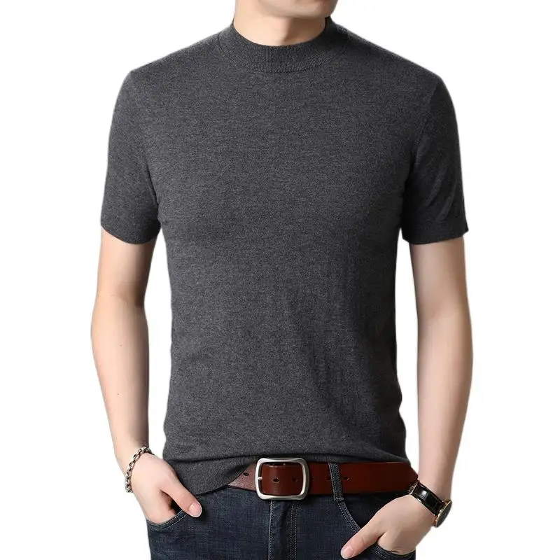 Male 100% Pure Sheep Wool T-Shirts Short Sleeve Cashmere Jumper Sweater For Man Solid Color Casual Knit Tops Pullovers