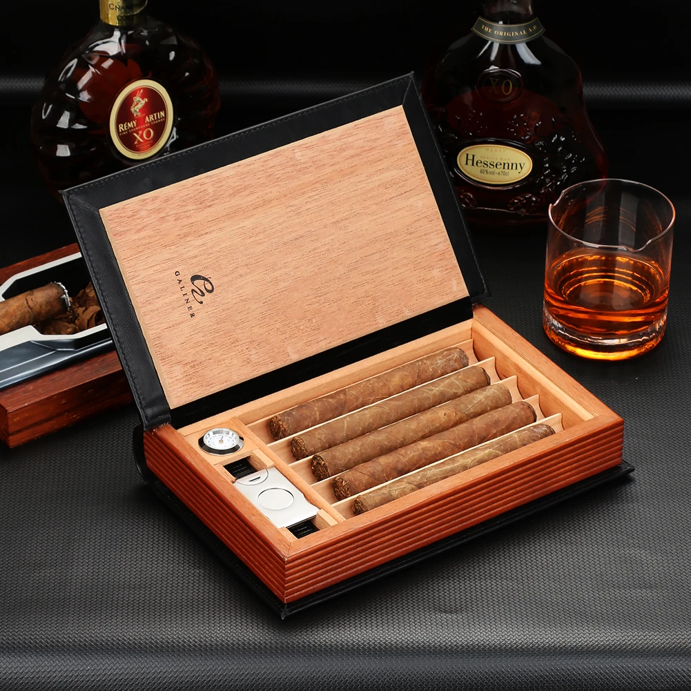 GALINER Cigar Leather Humidor Cedar Wood Case Box Set Smoking Accessories Puro Humidors With Hygrometer Cigar Cutter