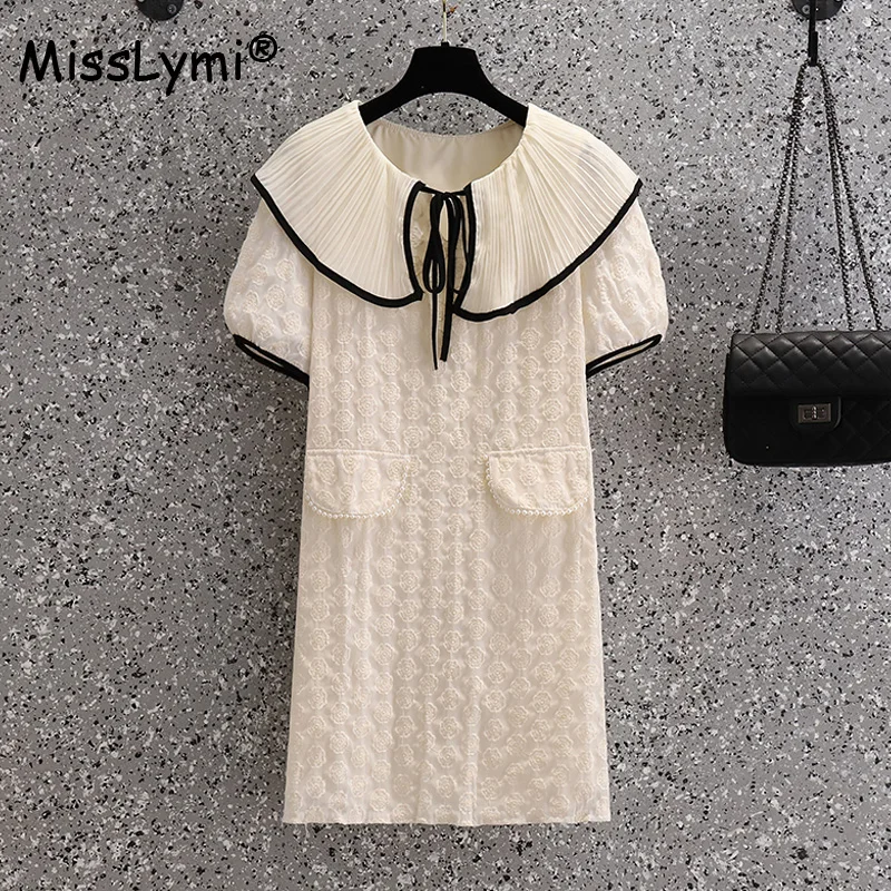 

Big Size Women Korean Flower Embroidery Dress Summer 2022 Sweet Pleated Peter Pan Collar Short Sleeve Beading Mini Dresses