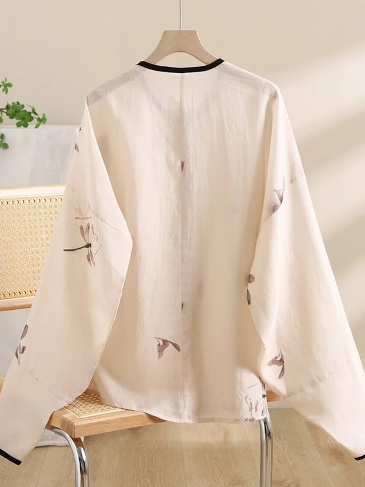 Рубашки с рукавами и сумкой бантом принтом Zhao Hanfu женские осенние повседневные