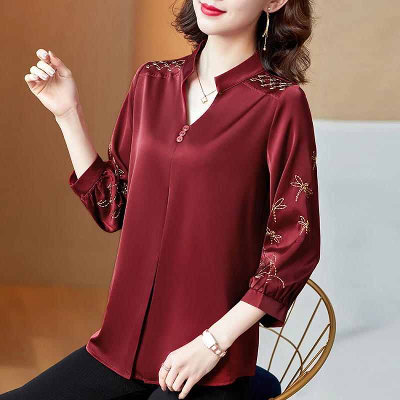 

Silk Satin Loose Women's Blouse New Fashion Printing V-neck Shirt Spring Three Quarter Casual Top