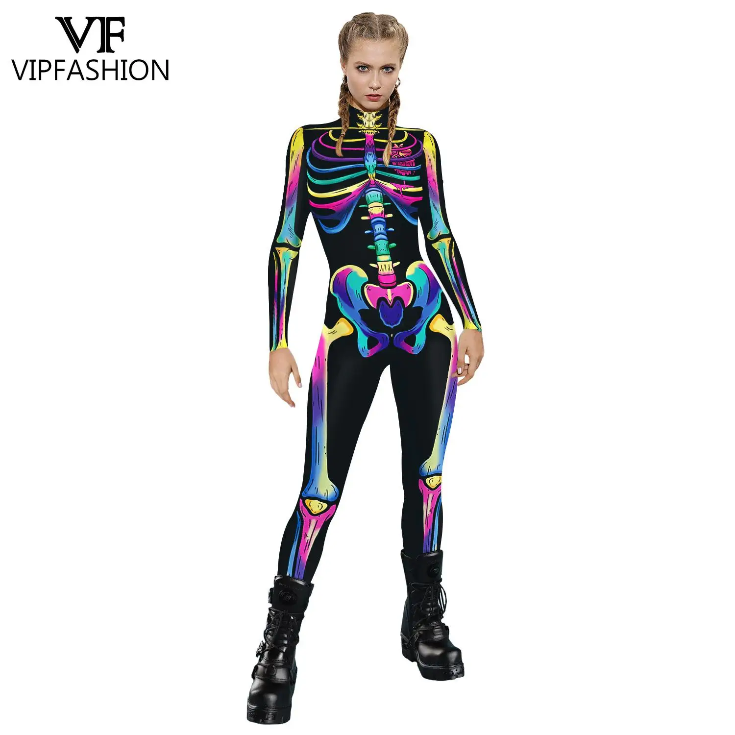 Комбинезон женский в стиле панк из 12% спандекса на молнии сзади