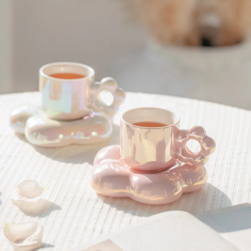 

Cute Flower INS Style Ceramic Coffee Cup with Simple and High Appearance Afternoon Tea Cup and Plate Set Gift Water Cup