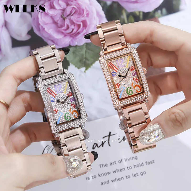 

Women Diamond Watch Rose Gold Sliver Rectangle Stainless Steel Band Colorful Number Female Rhinestone Crystal Quartz Wristwatch