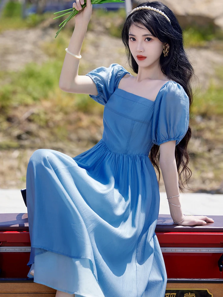 

Женское приталенное платье в стиле ретро, длинное синее платье с квадратным вырезом, пышными рукавами и свободным кроем, в Королевском Стиле, для лета