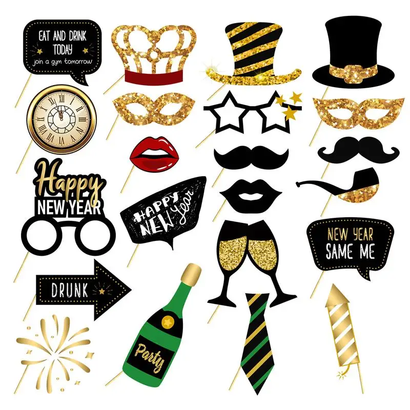 

22Pcs Party Decoration Happy New Year Photo Booth Prop New Year's Eve Christmas Party Handheld Photo Booth Prop DIY Decoration