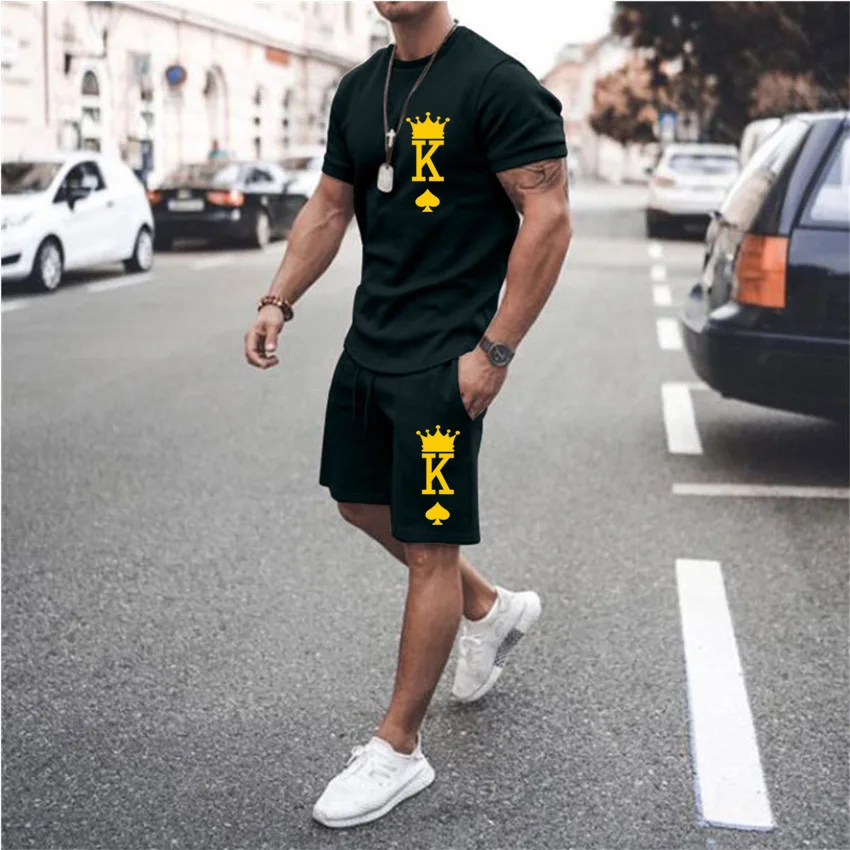 Summer Men Tracksuits Two-piece Set K-word Short Sleeve T-shirt Casual Sportswear Fashion Red Streetwear Solid Color Clothing