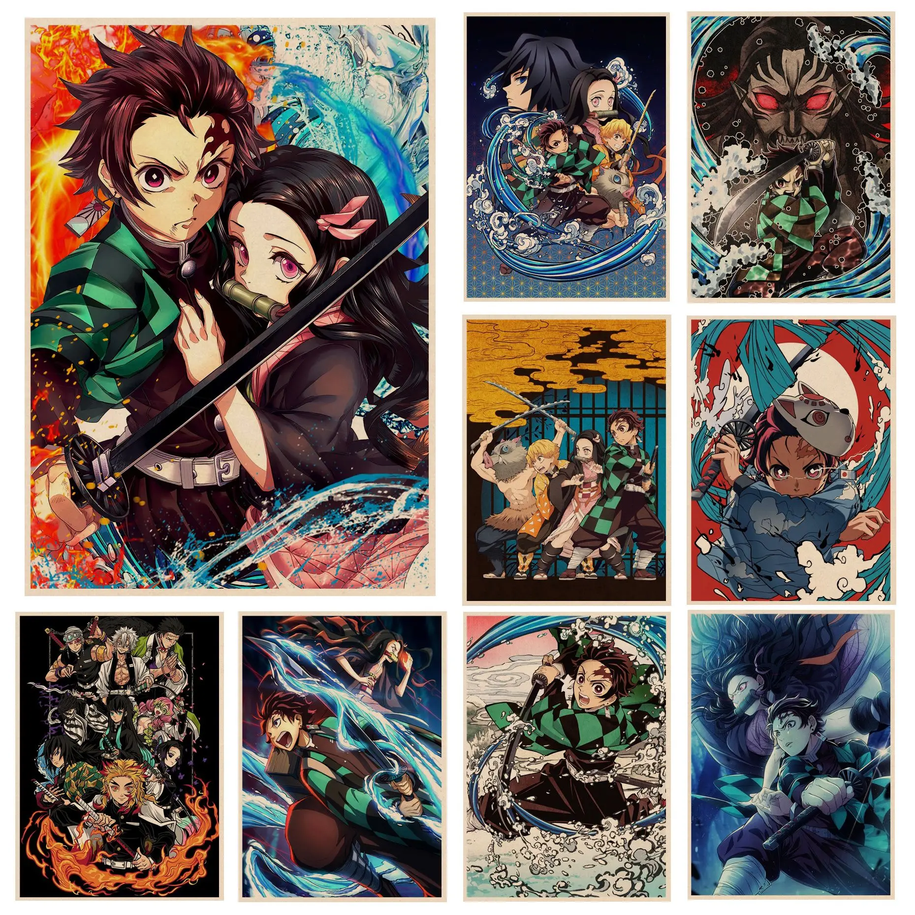 

Demon Slayer Kimetsu No Yaiba Tanjirou Nezuko Retro Kraft Paper Poster Kraft Paper Sticker Home Bar Cafe Nordic Home Decor