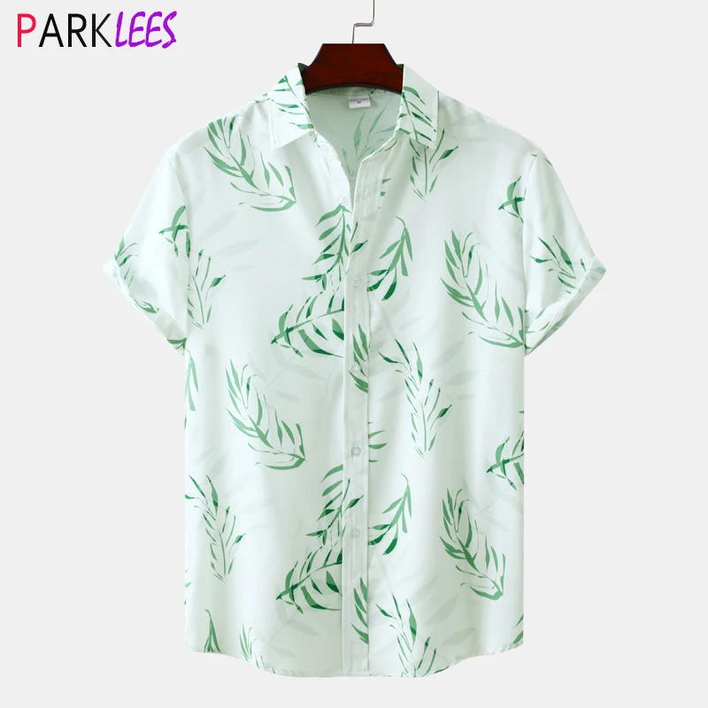 

Mens Summer Fashion Leaves Print Hawaiian Shirt Short Sleeve Button Down AlohaShirts Casual Summer Beach Party Shirt Chemise 3XL