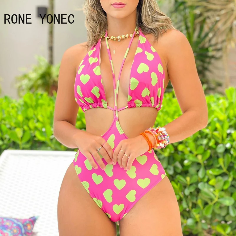 

Women Chic Sexy Spaghetti Strap Lace Up Heart Pattern Sexy Vacation Beach Bikinis Does Set