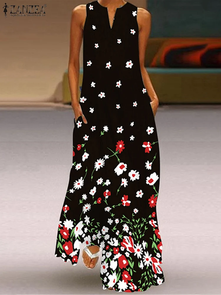 

V-Neck Sleeveless Pocket Sarafans Sundress ZANZEA Summer Women Floral Printed Dress Bohemian Elegant Casual Holiday Maxi Robe