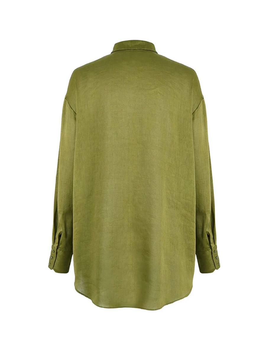 SuyaDream Woman Long Shirts 22%Silk 78%Linen Solid Button Boyfriend Blouses 2023 Spring Autumn Chic Top Olive enlarge
