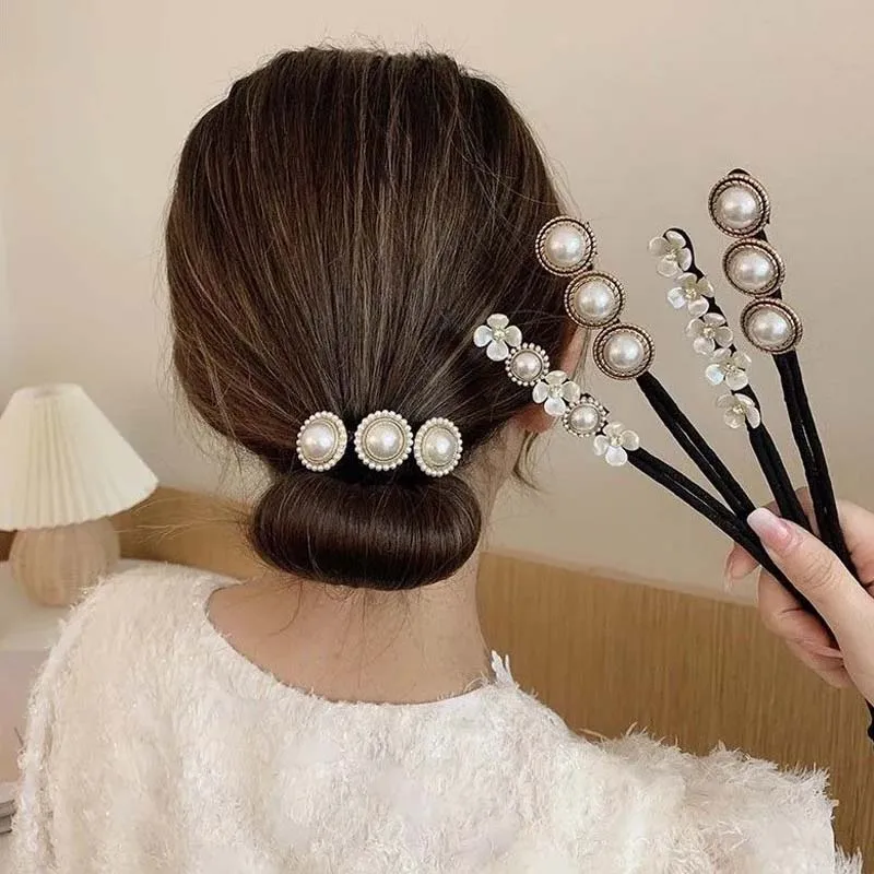 

Elegant Fashion Flower Pearl Rhinestone Hairpin Women Korean Twist Headband Lazy Hair Accessories Girl Hairstyle Hair Stick
