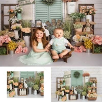 spring easter background wooden board green plants rabbit flowers decoration backdrop newborn photoshoot photo studio props