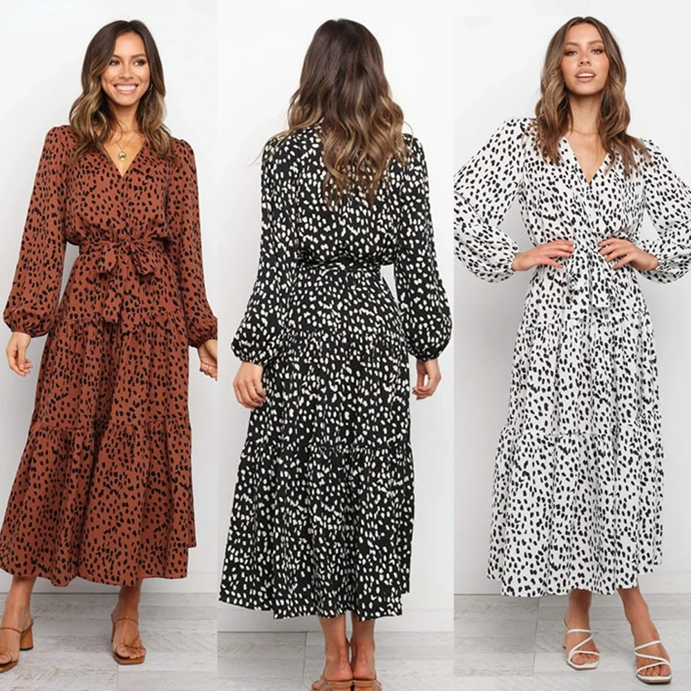 

Fall Long Sleeve Maxi Dress Women Leopard Print Lace Up V Neck Elegant Dresses Casual 2021 Fashion Woman Clothing Spring Autumn