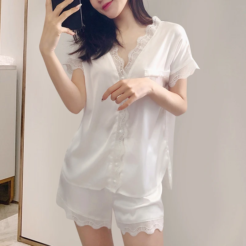 Women Sleepwear Summer Pajamas Set for Women Fake Silk White Lace Pijama Set Girl Nightgown Loose Waist Short Pant Silk Pajamas
