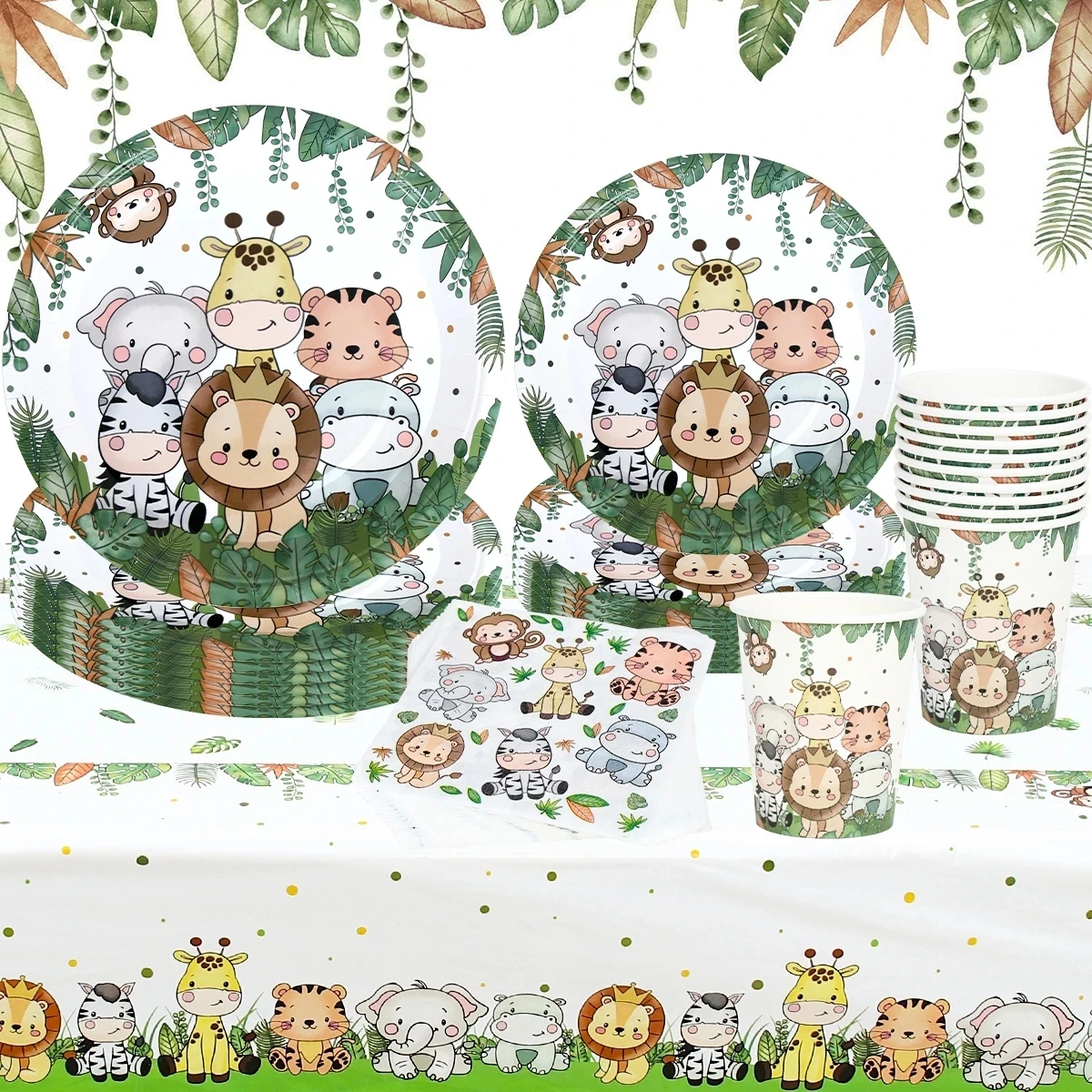 

Jungle Safari Animal Birthday Party Decor Kids Boy Wild One Green Forest Party Disposable Tableware Baby shower 1st birthday