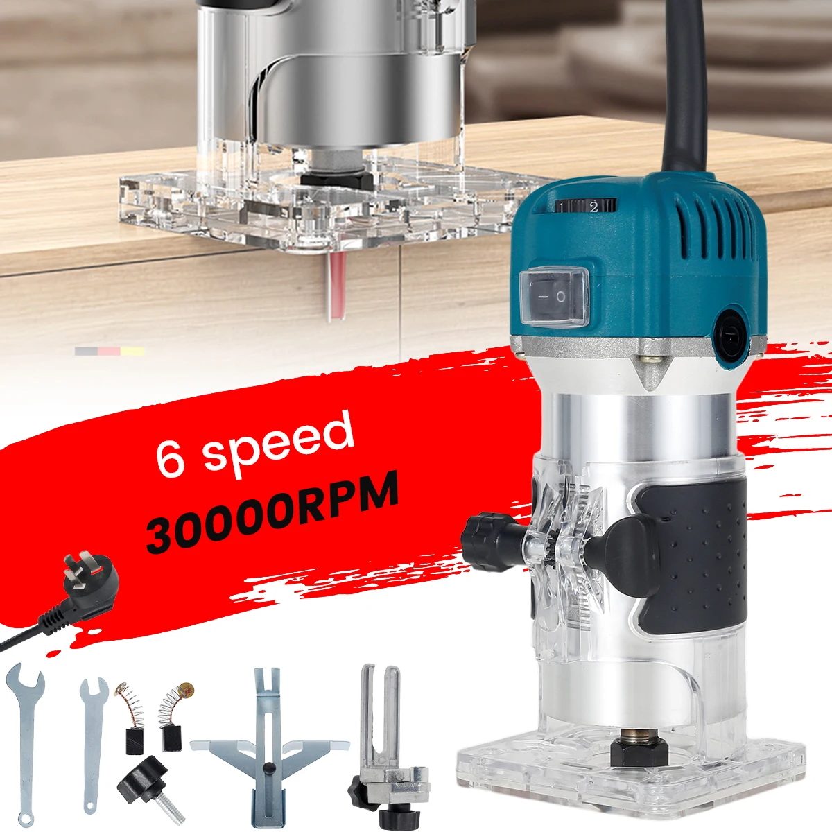 

800W Wood Router Tool Woodworking Electric Trimmer 30000RPM 6 Variable Speed Wood Milling Engraving Slotting Trimming Machine