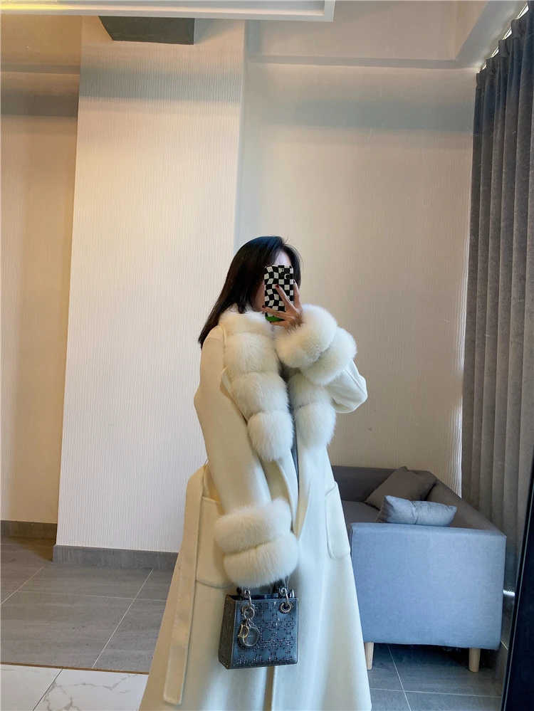 Winter Jacket Long Cashmere Wool Blends Women Real Fur Coat Natural Fox Fur Collar Cuffs Fashion Streetwear Brand Outerwear New enlarge