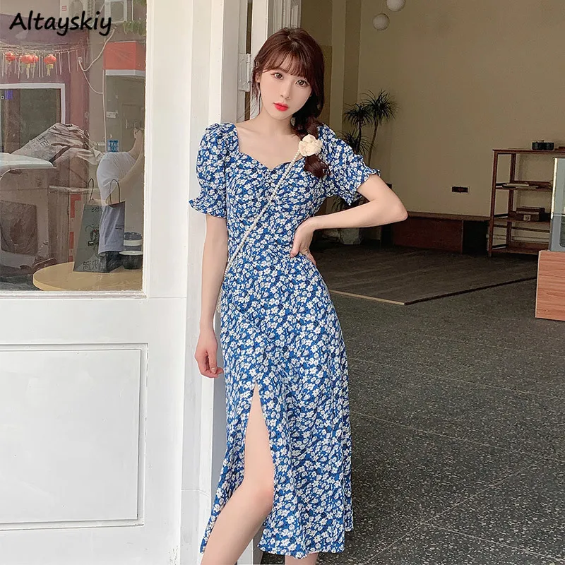 

Dress Women Classic Ins Blue Retro Vestidos Temperament Feminino Fashion Vintage Summer Design Elegant French Style Print Newest