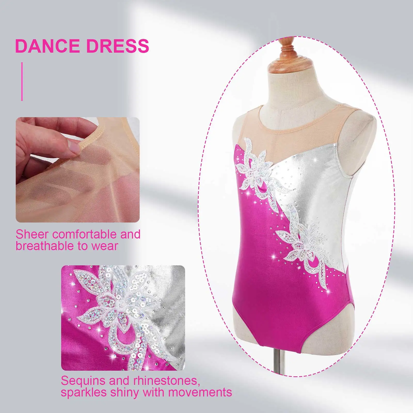 Kids Girls Sleeveless Mesh Patchwork Glittering Sequins Faux Diamonds Adorned Leotard Ballet Dance Gymnastic Skating Jumpsuit