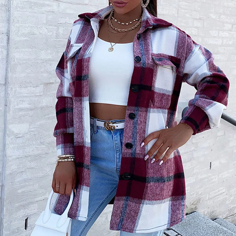 

Women Oversize Jacket Winter Fleece Coat Vintage Plaid Top Long Sleeve Outerwear All Match Thick Shirt Fall Warm Ins Jacket 2022