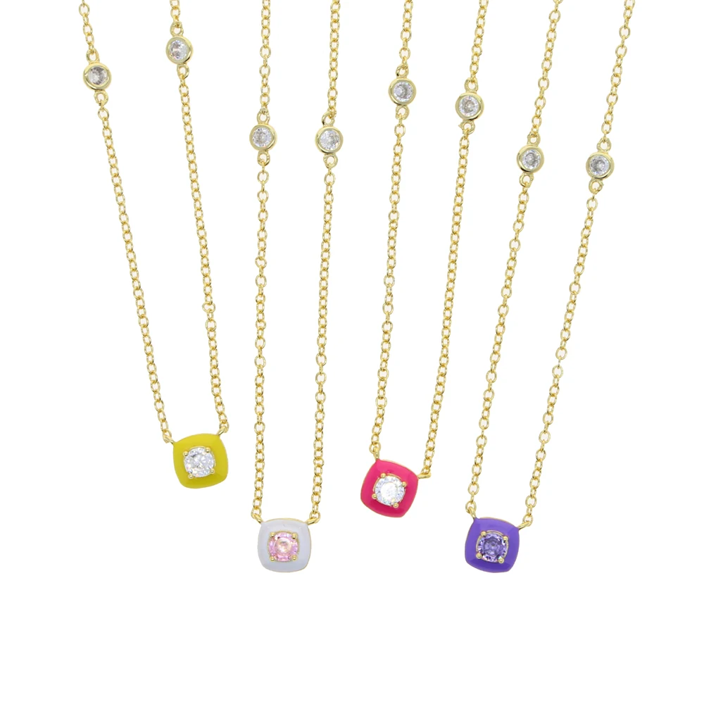 

Geomeric Square Enamel CZ Pendant Necklaces for Women Paved White Cubic Zirconia and 4 Color Enamels Gold Color Fashion Jewelry