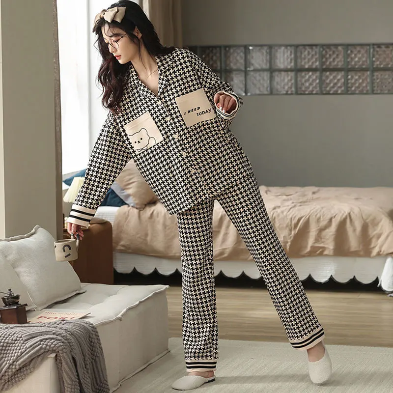 Pajamas Female Korean Sweet and Cute Net Red Long-sleeved Cardigan Girl Casual Trousers Home Clothing Suit Womens Pajamas