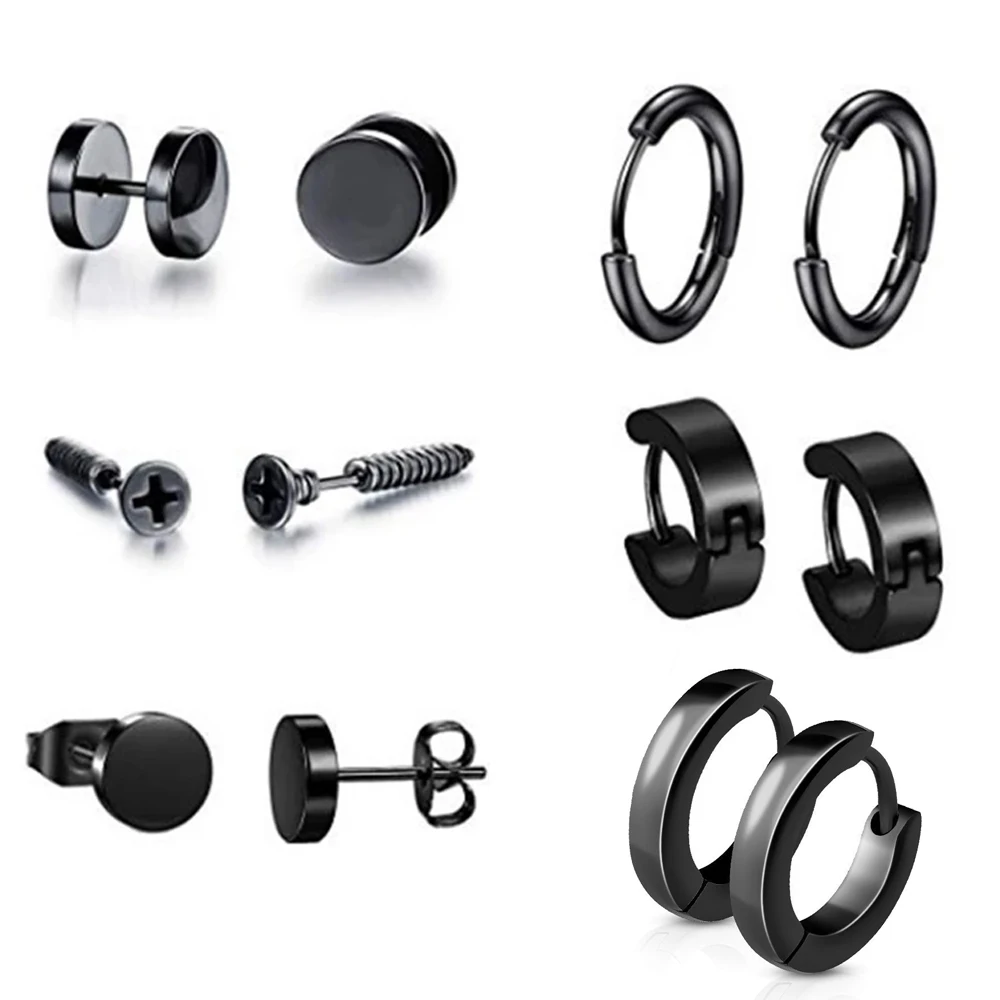

6 Style/set Men Earrings New Fashion Cool punk Black Stainless Steel Round Stud Earrings For Women Men Jewelry gifts 2019