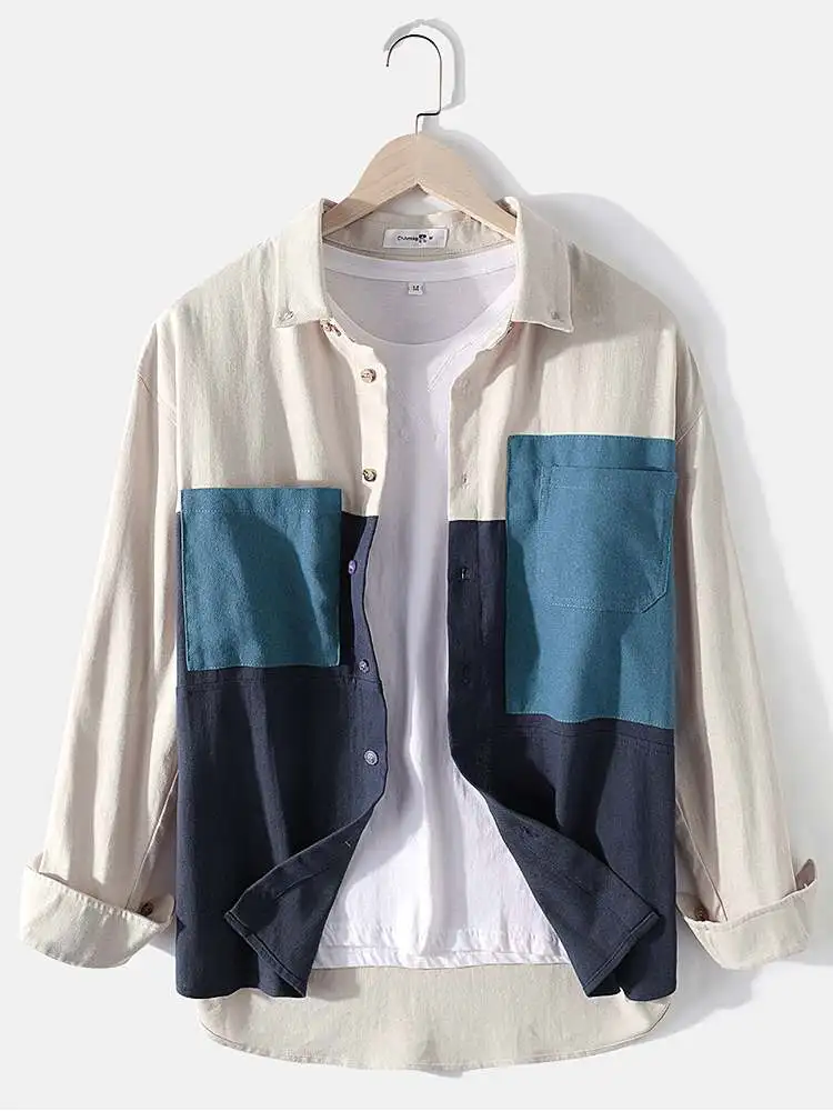 CharmkpR Tops 2023 Men's Cotton Colorblock Patchwork Loose Blouse Casual Streetwear Male Chest Pockets Long Sleeve Shirts  S-2XL