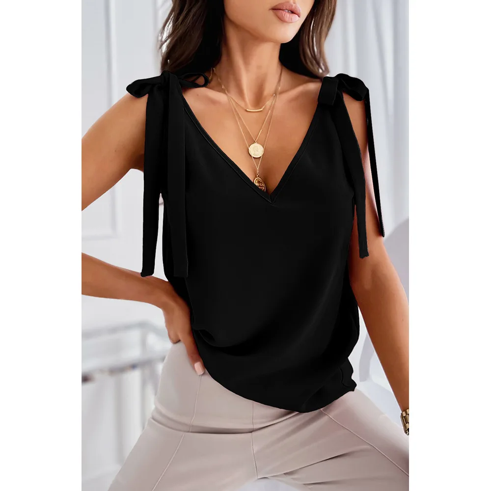 

Women Solid Tie On Shoulder Strap V Neck Tank Top