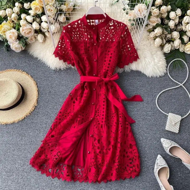 

Dress dress French vintage style socialite style skirt heart hollow lace short sleeve summer dress
