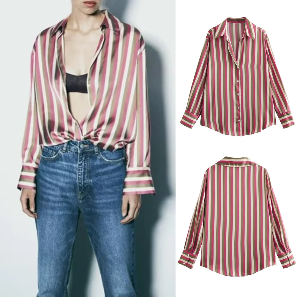 

UNIZERA 2023 Summer New Women's Wear European and American Striped Satin Texture Shirt 8160562