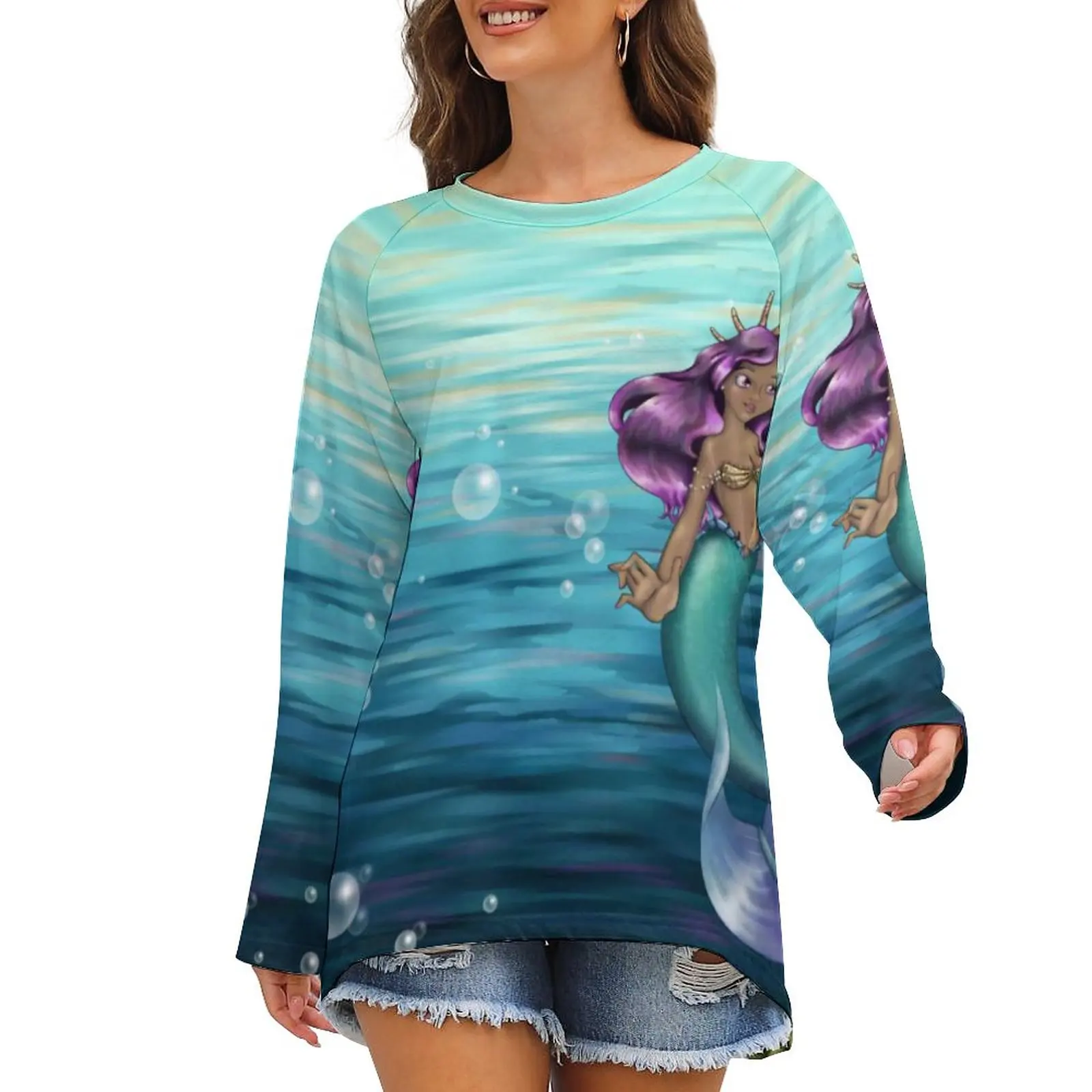 

Женская футболка с длинным рукавом и принтом «русалка»