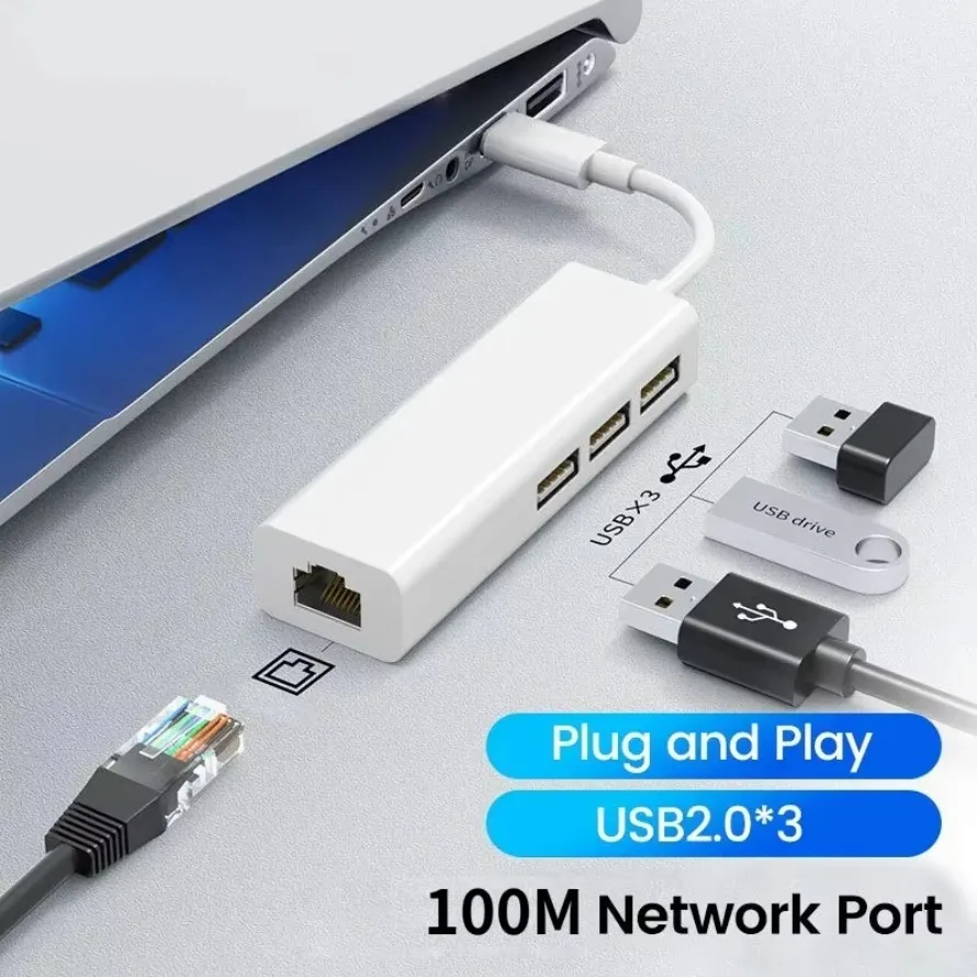 Фото USB-концентратор 3 порта USB-C HUB с портом RJ45 Сетевой адаптер Ethernet LAN 100 Мбит/с USB-RJ45 для ПК, компьютера, ноутбука, ТВ-приставки №2