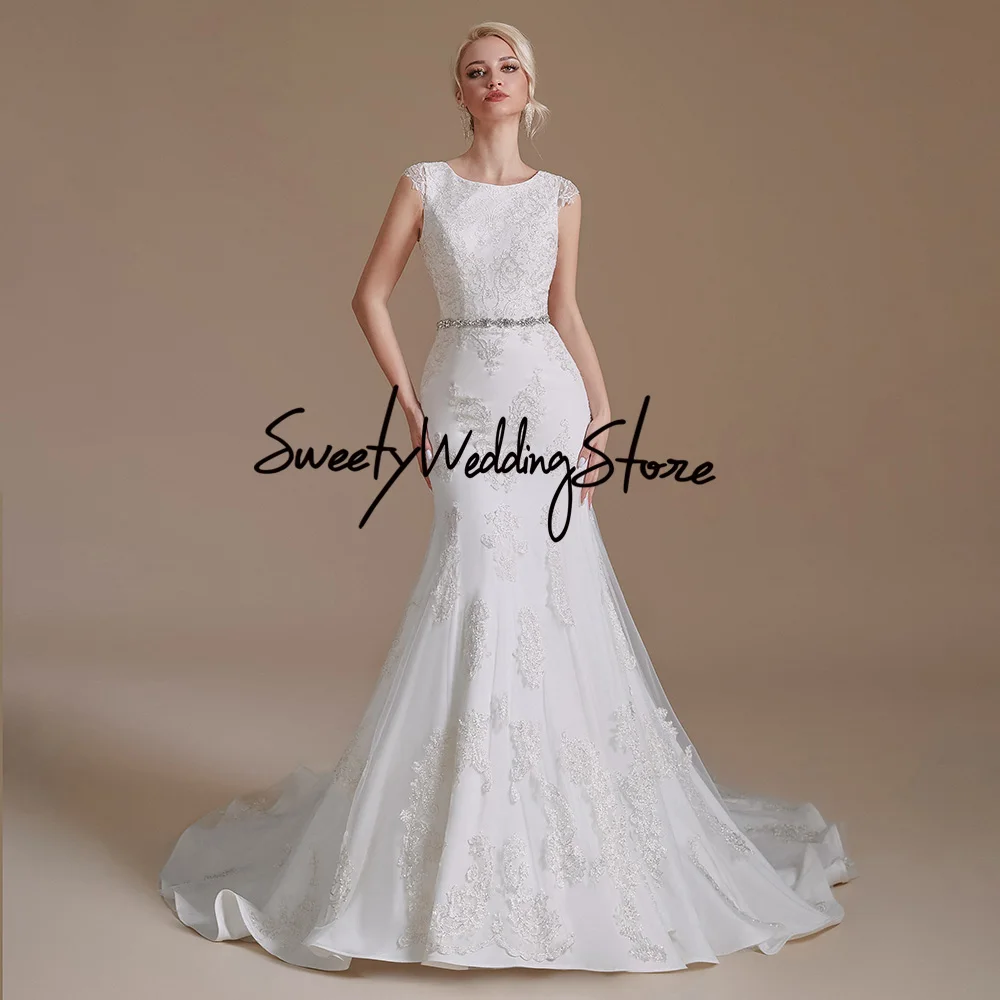 

Свадебное платье-Русалка для невесты, модель 2023 года, с рукавом-крылышком, овальным круглым вырезом, аппликацией, бисером, поясом, иллюзией, ...