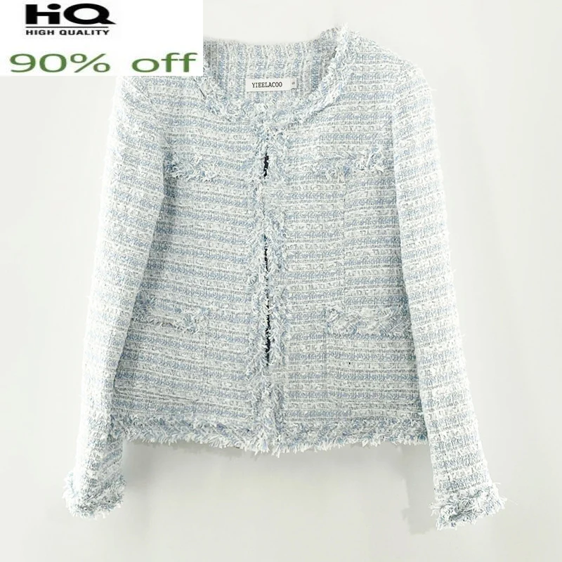 

tweed Blue spring /autumn / winter temperament One piece round neck coat women's jacket