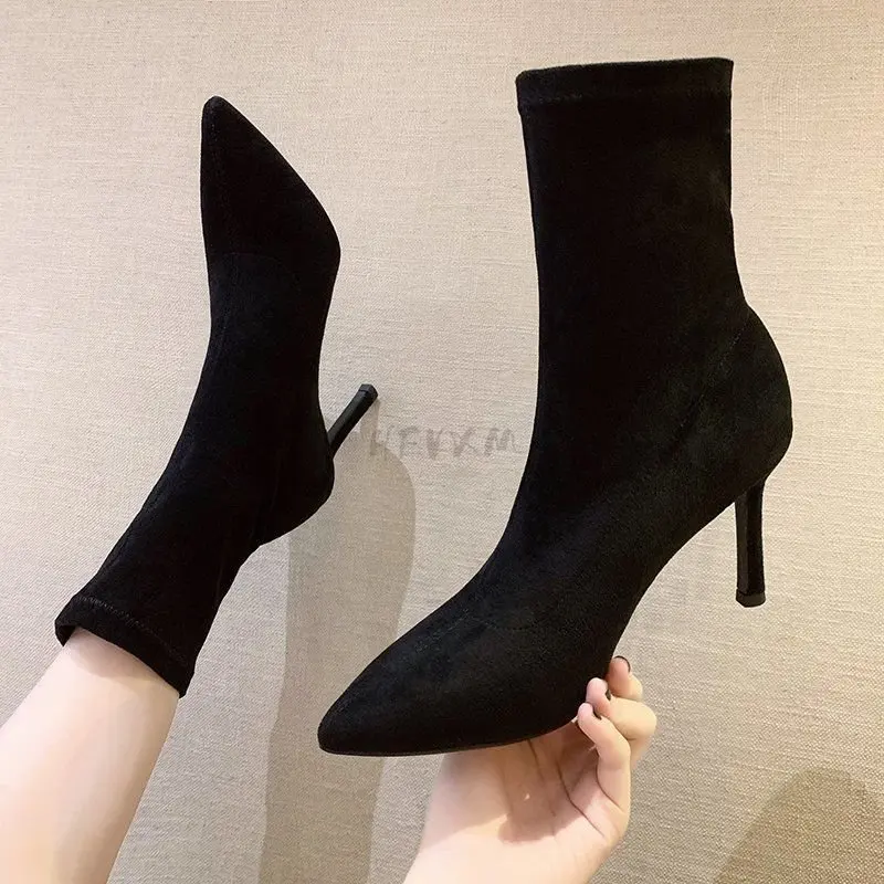 Socks Boots Women Stretch Fabric Elastic Stilettos Heel Sexy Pointed Toe Ankle Boots Slip-On Shoes Woman Thin Heels Party Boats