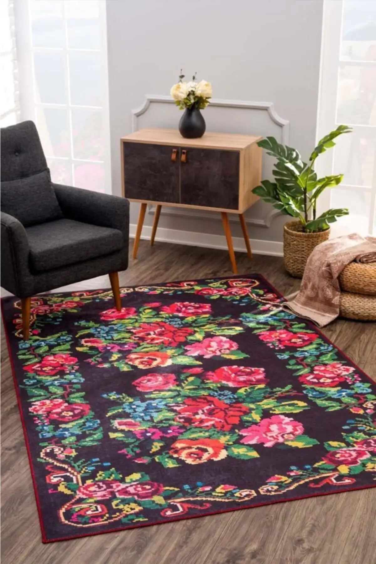 

Хлопковый нескользящий ковер, высококачественный богемный ковер ручной работы, домашний хлопковый ковер с цветочным принтом роз, черные ко...