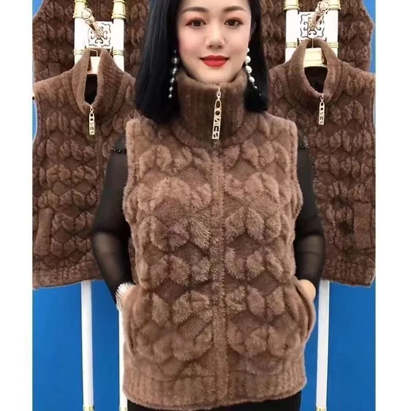 Imitation Mink Fleece Vest Autumn Winter Women Polo Collar Short Sleeveless Jacket Middle Aged Female Waistcoat Warm Outerwear